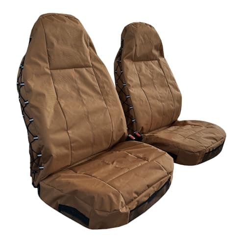 CSCOMFY Tan Seat Covers for Cars Trucks SUV, Universal Canvas Tactical Multi-Pockets Organizers Rain Defender, Waterproof Seat Protectors Front Set (Tan)