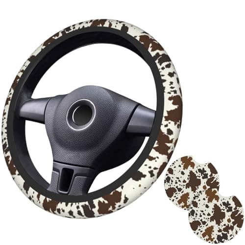 Brown Western Cow Print Steering Wheel Cover for Women Men with 2 Pcs Car Coasters, 15 Inches Neoprene Anti-Slip Cute Universal Car Accessories Protective Cover for Vehicle