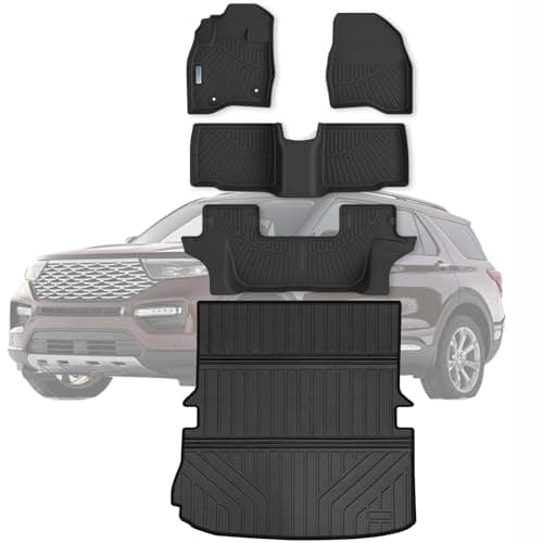 SANBAN-AXE Floor Mats & Large Trunk Mat for 2015-2017 2018 2019 Ford Explorer 7 Seats，TPE All Weather Protection Car Floor Liners with Foldable Big Cargo Liners Accessories
