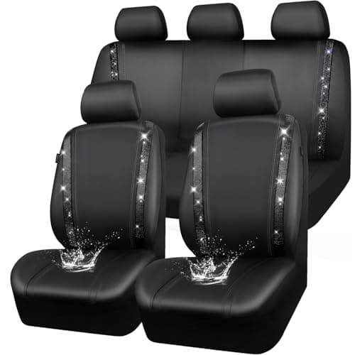 CAR PASS Leather Bling Diamond Car Seat Covers Full Set, Shining Rhinestone Waterproof Durable Rear with Zipper, Universal Fit Automotive Glitter Crystal Sparkle Strip for Cute Women Girly Black