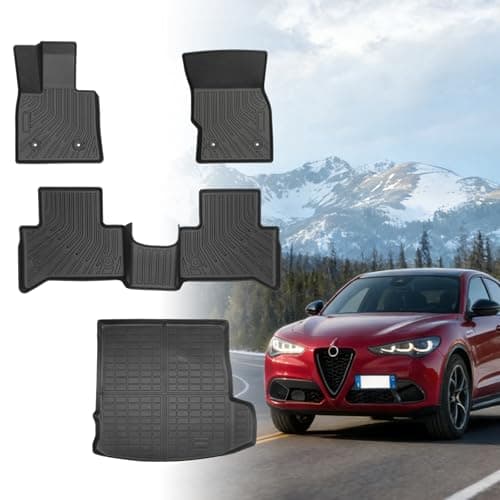 Floor Mats for Alfa Romeo Stelvio & Stelvio Quadrifoglio 2018-2025, Floor Mats for Stelvio Base Ti Veloce, 2 Row Floor Mats & Cargo Mat(with Subwoofer), TPE Anti-Slip Stelvio Mats Accessories