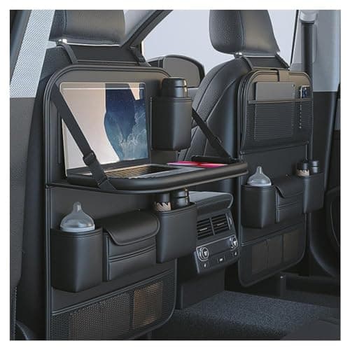 Primst 2 Pack Leather Car Backseat Organizer with Foldable Table Tray, Car Storage Organizer with Tablet Holder, Car Seat Back Protectors Kick Mats Travel Accessories