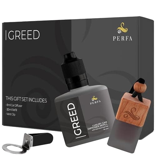 Greed Gift Set with Refill Bottle | Perfume Inspired Car Fragrances | Strong Car Freshener with Odour Eliminator Technology | Greed Automotive Freshener by Perfa