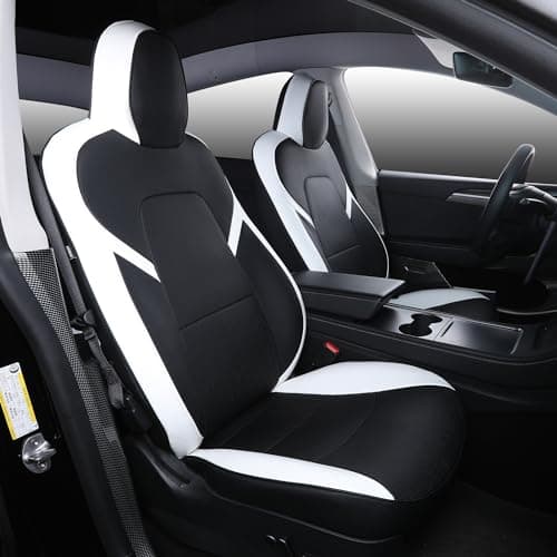 SUIYIO Suitable for Tesla Model Y Seat Covers, Waterproof Faux Leather Car Seat Covers Full Set for Tesla Model Y 2020 2021 2022 2023 2024 (Black+ White)