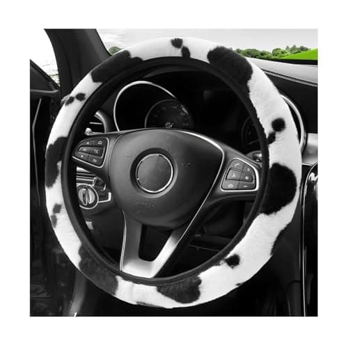 Gasedin Cow Print Car Accessories Set, Soft Fluffy Plush Cute Cow Steering Wheel Cover & Handbrake Cover, Warm Furry Cow Print Armrest Mat & Shift Gear Cover, Car Accessories (Steering Wheel Cover)