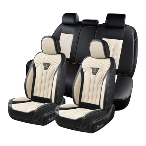 FLORICH Leather Seat Covers, Seat Covers Full Set, Car Seat Protectors 5 Seats, Automotive Seat Covers Fit for Most Cars Trucks SUV- Black&Beige