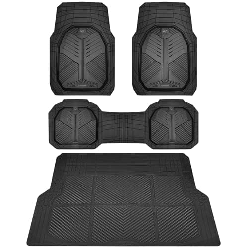 CAR PASS Heavy Duty Rubber Car Mats with Cargo Liner, Deep-Dish Car Floor Mats and Trunk Mat All Weather, Universal Trim-to-Fit for SUVs Trucks Sedans, Waterproof Anti-Slip, Trimmable V12 Black