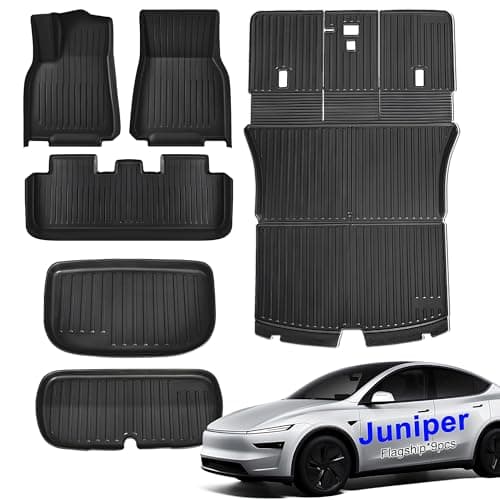SUPER LINER Tesla Model Y Floor Mats 2025 2026 | Custom Fit All-Weather 9-Piece Set TPE Material| Model Y Juniper Floor Mats Back Seat Protector,Cargo Liner, Trunk & Interior Accessories 5-seat