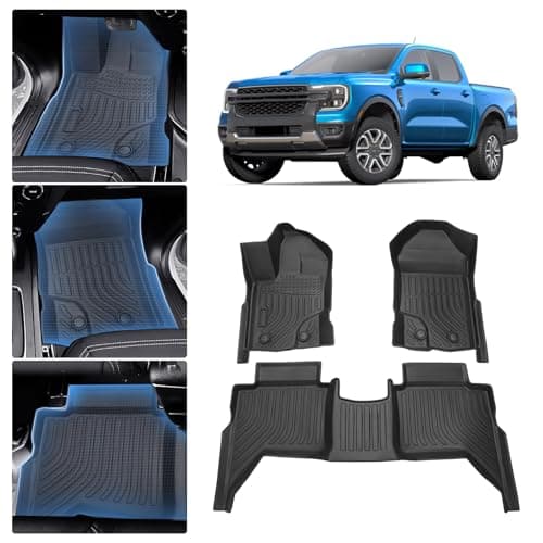 Sunsdrew Floor Mats for 2019-2023 Ford Ranger SuperCrew Accessories, All Weather Car Mats 2 Rows Floor Liners TPE Rubber Raised Edge
