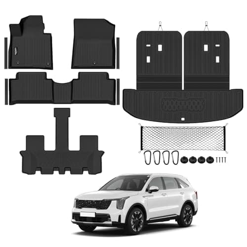 Tongama-Floor Mats for 2021-2026 Kia Sorento Gas(Not for Hybrid), All Weather TPE Trunk Mat with Backrest Mat Protectors and Cargo Net and Door Sill Guards for Kia Sorento Gas Floor Liner Accessories