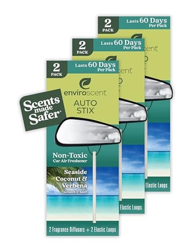 Enviroscent Non-Toxic* Car Air Freshener Auto Stix® - Scents Made Safer - Enjoy Fragrance Lasts Up to 180 Days - Includes Auto Stix® Diffusers & Elastic Loops - Seaside Coconut & Verbena (Pack of 3)