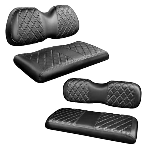 NOKINS 4PCS Golf Cart P Diamond Seat Covers Kit,Front and Rear Seat Covers for Club Car Precedent Original Regular Seat Cushion, No Stapler, Golf Cart Vinyl Replacement Seat Cover,Black Stitching