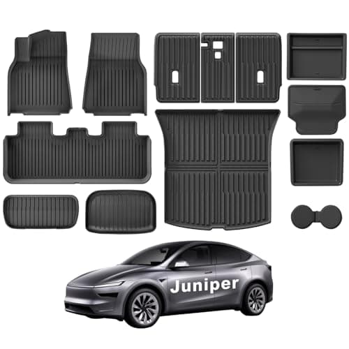 Weize 2025 2026 Tesla Model Y Juniper All Weather Cargo Liner Floor Mats 9 PCS & Double Layer Center Console Organizer 4 PCS, Full Coverage Tesla Interior Accessories Kit