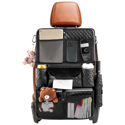 Rosynee Car Seat Organizer with Foldable Table Tray - 11 Storage Pockets PU Leather Backseat Organizer with Tablet Holder, Seat Back Protector Kick Mat for Kids Family Road Trip Accessories (Black)