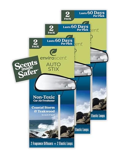 Enviroscent Non-Toxic* Car Air Freshener Auto Stix® - Scents Made Safer - Enjoy Fragrance Lasts Up to 180 Days - Includes Auto Stix® Diffusers & Elastic Loops - Coastal Storm & Teakwood (Pack of 3)
