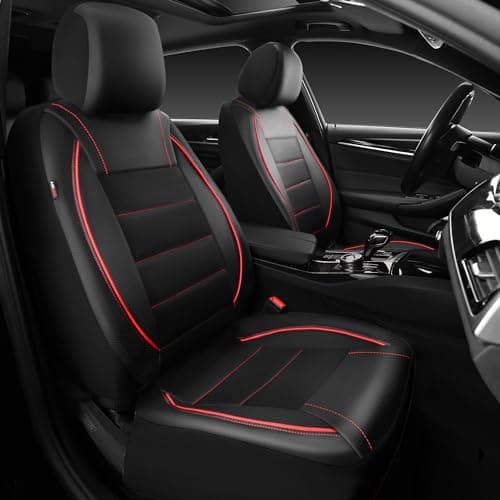CAR PASS Universal FIT Piping Leather Two Front Seat Covers, Waterproof Faux Leather for SUV Sedan Van Truck, Airbag Compatible,Reserved Opening Holes for Headrest Covers. (Black red)