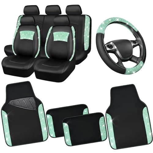 CAR PASS Universal Mint Leather Lace Car Seat Covers Full Set for Women Girls, Waterproof Car Floor Mats Carpet, Glitter Steering Wheel Cover for Car Accessories Interior Sets,10PCS Included