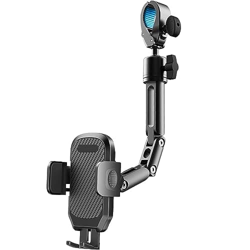 Quyee Phone Holder Car, Rear View Mirror Phone Holder - Aluminum Alloy Mount Multi-Angle Adjustment Rotatable and Retractable Compatible with All 4-7 Inch iPhone and Android Cell Phones
