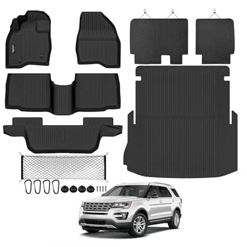 Tongama-Floor Mats for Ford Explorer 2015-2019, All Weather TPE Trunk Mat and 2nd Row Backrest Mats Protectors and Cargo Net for Explorer Floor Liner Accessories