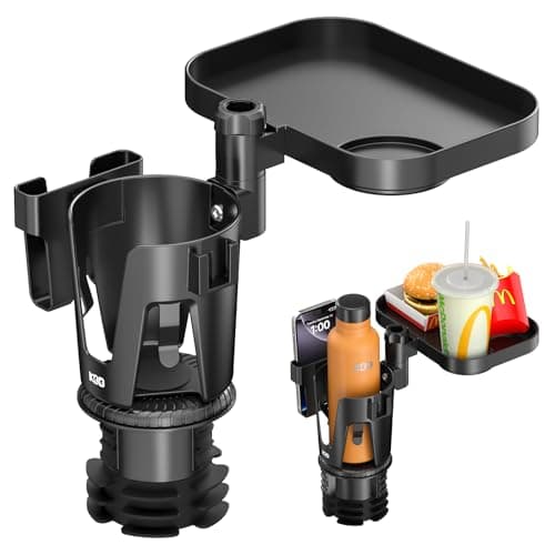 KDD Car Cup Holder Expander - 3 in 1 Cup Holder Adapter with Adjustable Base - Detachable Phone Holder & 360° Rotation Food Tray for Car - Compatible with Vehicles, Car, Road Trip Essentials