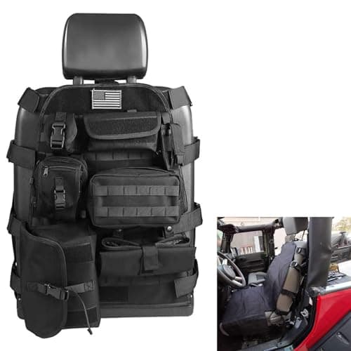 SUNPIE Black Upgrade Larger Seat Protector Tactical Seat Cover Universal Fit for Trucks Pickup SUV, Compatible with JL/JT, JK, TJ, Compatible with F150 Multi Pockets Molle Seat Back Organizer