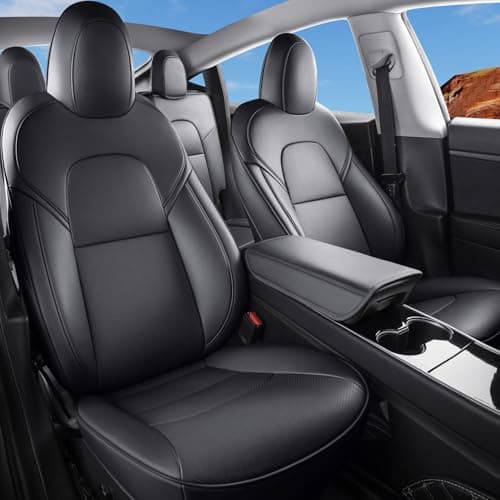 Wekar Tesla Model Y Car Seat Covers Nappa Leather Car Interior Seat Airbag Compatible Cushion Cover Full Set Custom Fit 2024 2023 2022 2021 2020, Nappa Black