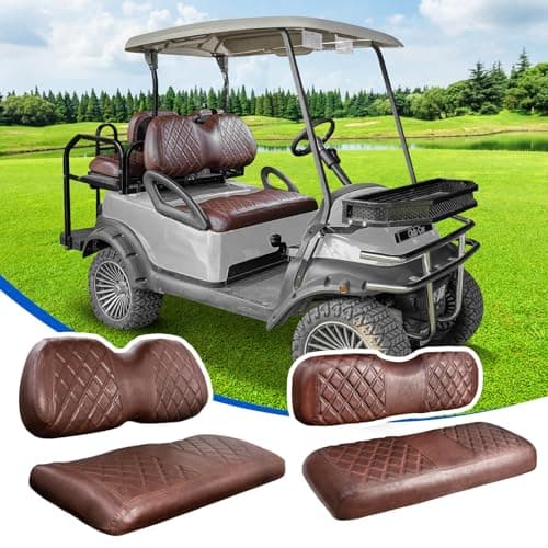 NOKINS 4PCS Golf Cart Seat Covers Kit, Front and Rear Seat Covers Fits Club Car Precedent Standard Seat Cushion, Club Car Vinyl Seat Covers Accessories, No Staples (Brown Brown 8438)