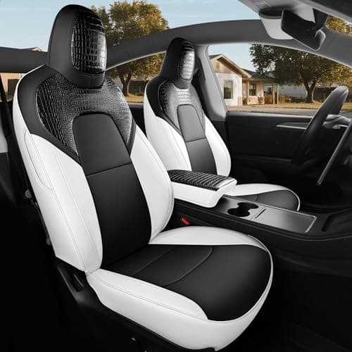 MeeKooMay for Tesla Model Y Seat Cover Customized Fit 2020 2021 2022 2023 2024 Black Crocodile Leather and Nappa Leather Splicing Seat Cover Full Set (Crocodile Black)