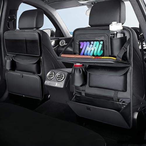 Coverado Backseat Car Organizer 2 Packs, Nappa Leather Car Seat Organizer with Touch Screen Tablet Holder, Foldable Food Tray, Kick Mats Protector, Multi Car Storage Accessories, Garbage Bag Holder