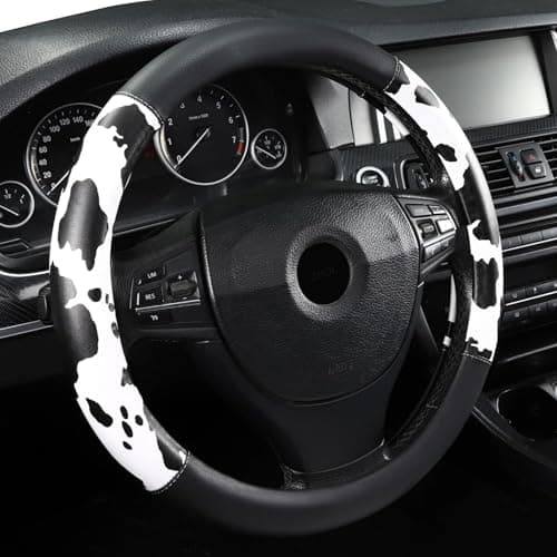 Cow Print Steering Wheel Cover, Universal 14.5-15 inch Breathable Microfiber Leather Anti-Slip Car Steering Wheel Protector for Women Men, Black&White