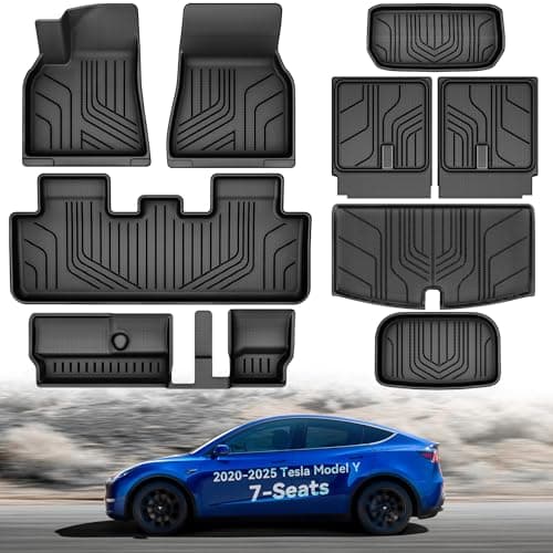YITAMOTOR Tesla Model Y 7 Seater Floor Mats 2020-2025, 9 PCS All Weather Custom Fit TPE Floor Liners for 20-25 Model Y 7 Seat, 3D Anti-Slip Tesla Accessories Rear Trunk Cargo Mats Full Set, Black