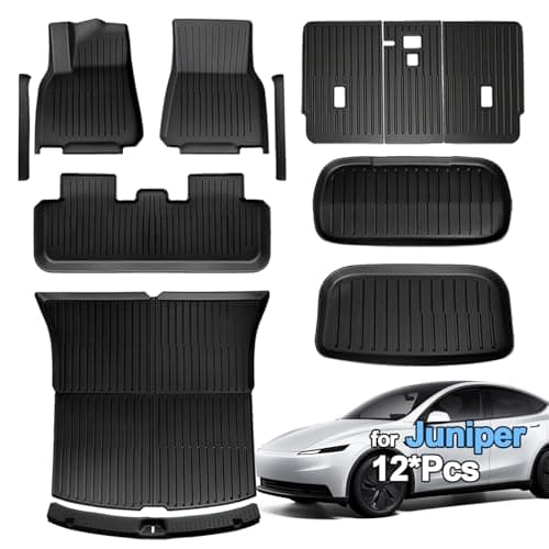 SUPER LINER Tesla Model Y Floor Mats 2025 2026 | Custom Fit All-Weather 12-Piece Set TPE Material| Model Y Juniper Floor Mats Back Seat Protector,Cargo Liner, Trunk & Interior Accessories 5-seat