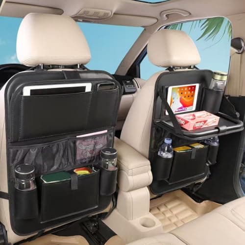 2PACK Leather Car Backseat Organizer with Tablet Holder - 9 Large Storage Pockets, Foldable Food Tray & Anti-Scratch Kick Mats - Universal Car Seat Protector for Kids, Pets & Travel Accessories