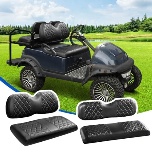NOKINS 4PCS Golf Cart Seat Covers Kit, Front and Rear Seat Covers Fits Club Car Precedent Standard Seat Cushion, Club Car Vinyl Seat Covers Accessories, No Staples(Black&Black Stitch)