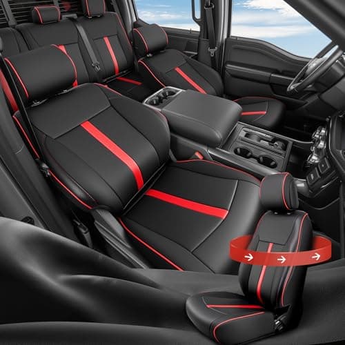 CreekT® Full Set Leather Seat Covers for Ford F150 2015-2025, Waterproof Truck Pickup Seat Covers Fit for Ford F-150 Accessories, for Ford F-150 2015-2025 Super Crew/Crew Cab(XL,XLT) (Black Red)