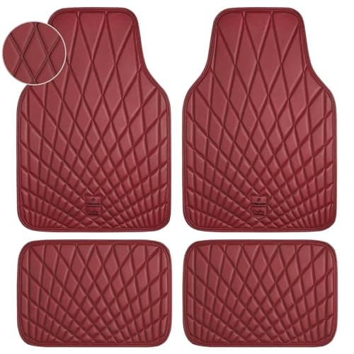 CAR PASS Luxury Faux Leather Floor Mats for Cars, Waterproof All Weather Car Mats Full Set, Anti-Slip Deluxe Automotive Floor Mats Universal Fit for Most SUV,Vans,Sedans,Trucks, 4 Piece Burgundy Red