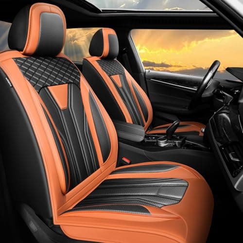 Conjie Fit Car Seat Covers for Jeep 2687 -Premium Leather, Install, All-Weather Seat Cushion Protecto, 5 Seats Orange & Black