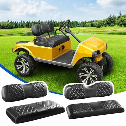 NOKINS 4PCS Golf Cart Diamond Seat Covers Kit, Front and Rear Seat Covers Fits Club Car DS 2000.5-Up Standard Seat Cushion, Club Car DS Vinyl Seat Covers Accessories(Black&Black Stitching)