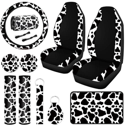 Frienda 10 Pcs Cow Print Car Accessories Set Cow Car Seat Cover Cow Rubber for Winter Women Men Steering Wheel Cover Car Cup Holders Keyring Armrest Pad Seat Belt Pads Wrist Strap for Most Car, SUV