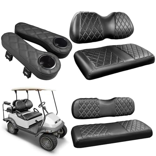 NOKINS Golf Cart Seat Covers for Club Car Precedent, Vinyl Front&Rear Seat Cover with Flip-Up Armrests kit, with Cup Holder, for 1" Square Tube (Black&Black Stitching)