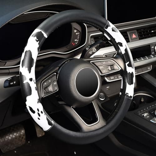 ZHOL Cow Print Steering Wheel Cover, Universal Fit 14.5-15 inch Premium Microfiber Leather Steering Wheel Protector for Cars/Trucks/SUVs, Non-Slip, Heat-Resistant, Easy Install, Black