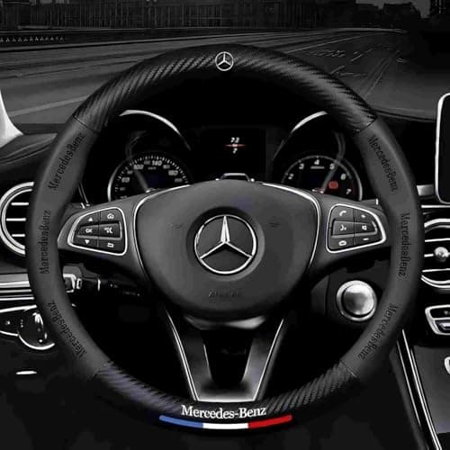 Lowiuaor New Fit Be Leather Steering Wheel Cover,Stylish Nappa Leather Carbon Fiber Texture Protector,Non-Slip,Universal 15inch Compatible with Mercedes Benz Accessories (Old -Black)