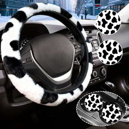 Black and White Cow Print Fuzzy Steering Wheel Cover for Women, Universal Auto Steering Wheel 14-15 Inch Soft Warm Car Interior Accessories with 2PCS Car Coasters, Suitable for Men and Women