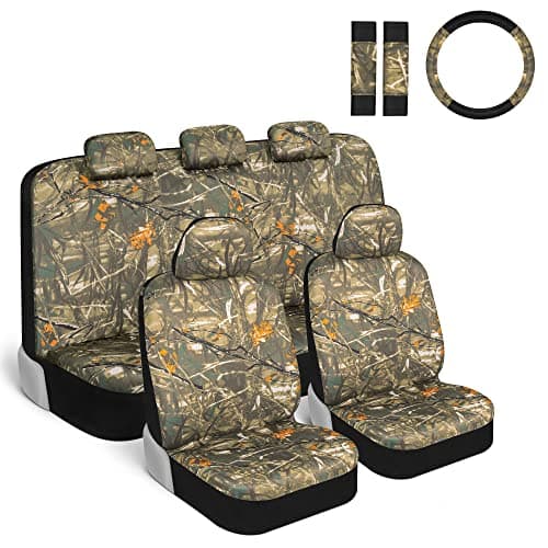 BDK Hunter Camo Car Seat Covers Full Set with Camo Steering Wheel Cover and Seat Belt Cover Pad – Forest Camouflage Pattern, Automotive Front Seat & Bench Back Seat Cover for Cars Trucks SUV