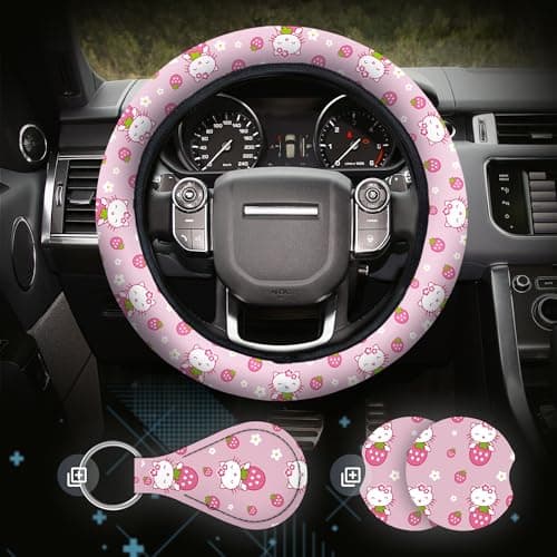 Kitty Accessories Car, Strawberry Pink Cat Wheel Cover, Y2K Car Accessories, Girly Steering Wheel Cover, Universal Fit 14.5-15 inch Auto SUV Vans Trucks, Anti-Slip and Sweat Absorption