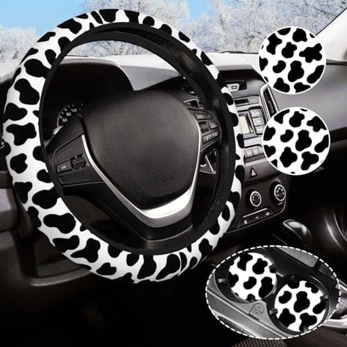Black and White Cow Print Steering Wheel Cover Anti-Slip and Practical 14.5-15 Inch Universal Car Steering Wheel Cover with 2 Pieces Car Coasters Suitable for Men Women