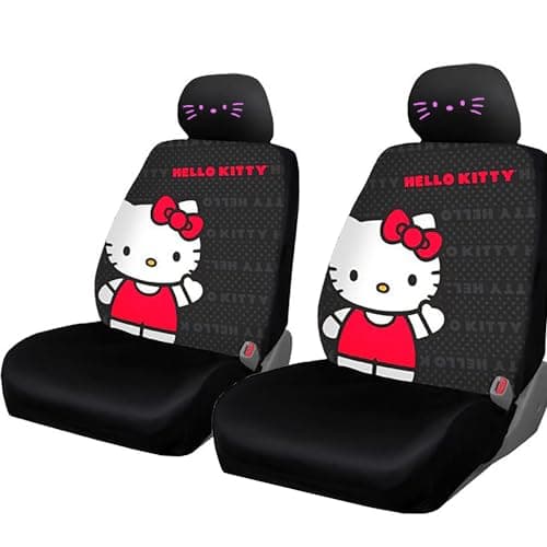 Yupbizauto Hello Kitty Cord Car Seat Cover Set – Pink Embroidered Kitty Face Headrest Covers & Air Freshener Bundle