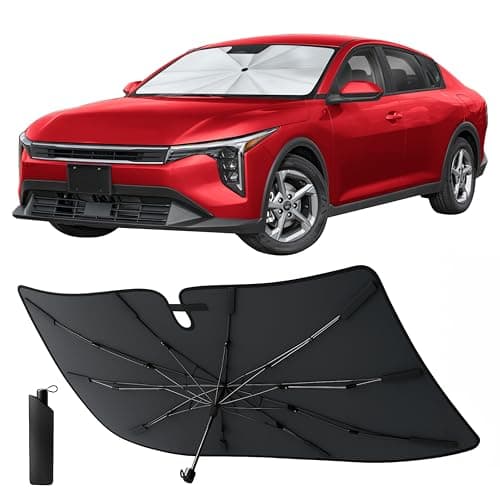 Econour Windshield Sun Shade Umbrella for Car | Medium Foldable Car Sunshade | UV & Heat Protection Front Window Sun Shield, Keeps Interior Cool, Fits Sedans SUVs & Trucks (57” x 33”)