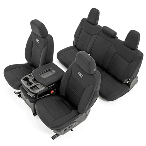 Rough Country Neoprene Seat Covers for Chevy Silverado & GMC Sierra 1500 (2019-2026) w/No Rear Seat Storage or Cup Holder - Waterproof & UV Resistant, Foam Padded, Front & Rear Row Cover Set