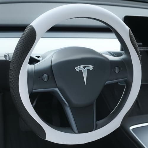 Uxcer Premium Leather Steering Wheel Cover for Tesla Model 3/Y 2016-2025 2026 Juniper/Highland, Non-Slip Breathable Tesla Model 3/Y Steering Wheel Protector, White